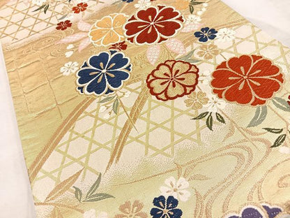 平和屋着物◎六通柄袋帯 唐織 間垣花文 金糸 正絹 逸品 BAAT4459wb