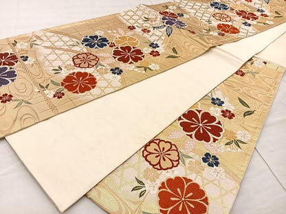 平和屋着物◎六通柄袋帯 唐織 間垣花文 金糸 正絹 逸品 BAAT4459wb