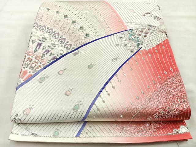 平和屋着物◎両面 六通柄袋帯 孔雀文 銀糸 正絹 逸品 BAAT4465wb