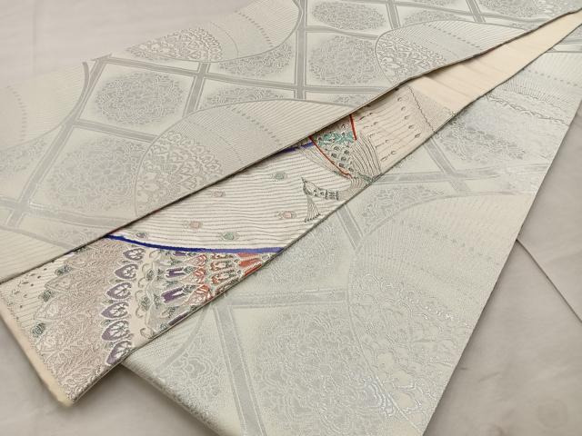 平和屋着物◎両面 六通柄袋帯 孔雀文 銀糸 正絹 逸品 BAAT4465wb