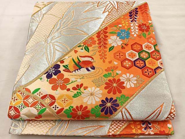 平和屋着物◎六通柄袋帯 唐織 鴛鴦吉祥花文 金銀糸 正絹 逸品 BAAT4477wb