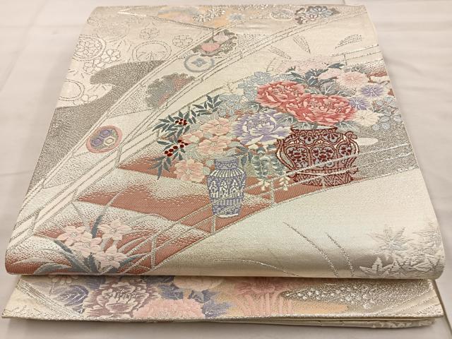 平和屋着物◎六通柄袋帯 唐織 花鳥錦 飾花文 プラチナ二重織 正絹 逸品 BAAT4479wb