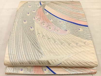 平和屋着物◎六通柄袋帯 唐織 孔雀文 銀糸 正絹 逸品 BAAT4480wb