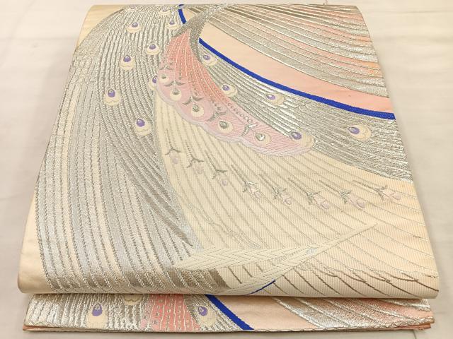 平和屋着物◎六通柄袋帯 唐織 孔雀文 銀糸 正絹 逸品 BAAT4480wb