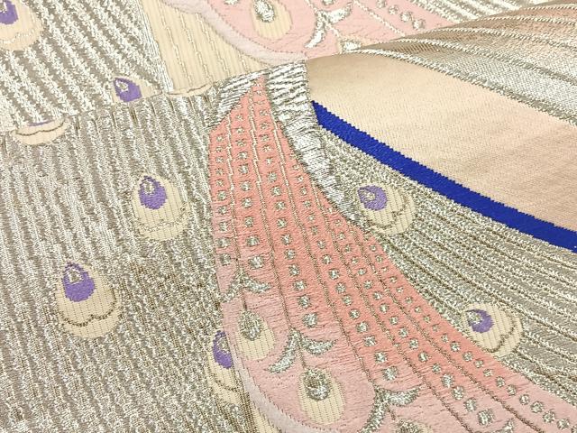 平和屋着物◎六通柄袋帯 唐織 孔雀文 銀糸 正絹 逸品 BAAT4480wb