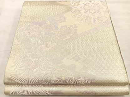 平和屋着物◎六通柄袋帯 唐織 流水草花文 銀糸 正絹 逸品 BAAT4483wb