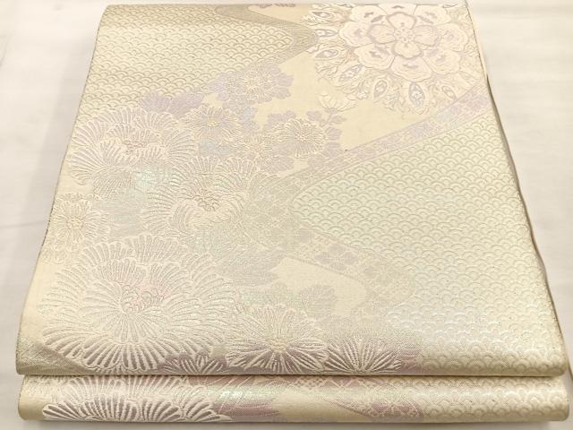 平和屋着物◎六通柄袋帯 唐織 流水草花文 銀糸 正絹 逸品 BAAT4483wb