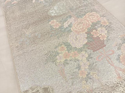 平和屋着物◎六通柄袋帯 唐織 花籠文 銀糸 正絹 逸品 BAAT4486wb