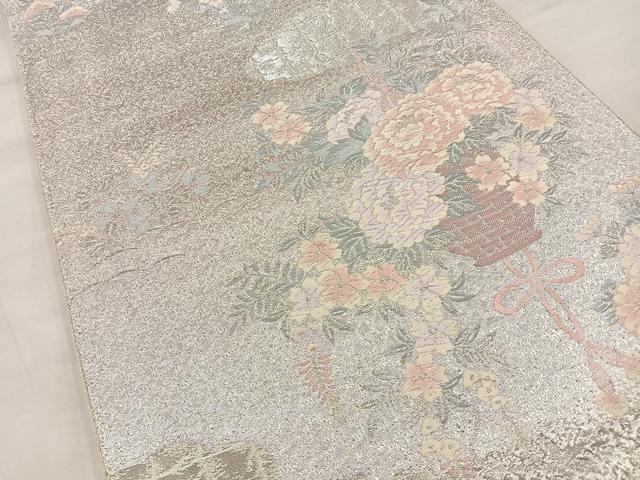 平和屋着物◎六通柄袋帯 唐織 花籠文 銀糸 正絹 逸品 BAAT4486wb