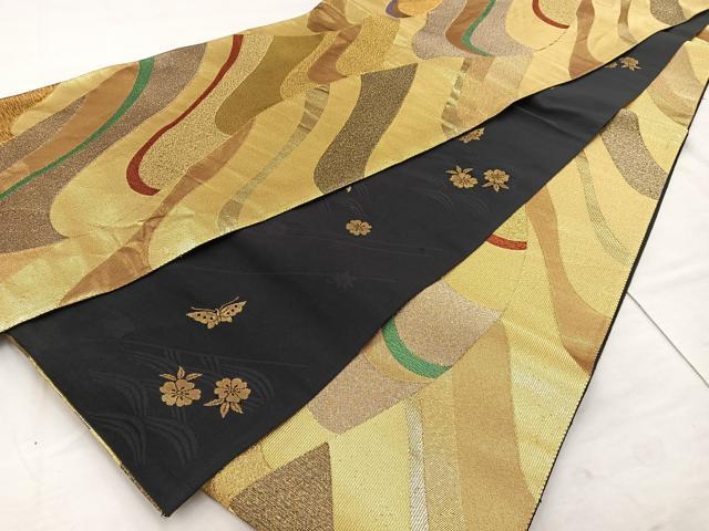 平和屋着物◎全通柄袋帯 流水文 黒地 金糸 正絹 逸品 BAAT4495wb