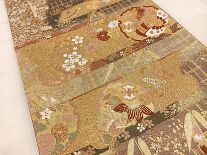 平和屋着物◎六通柄袋帯　唐織　雪輪宝尽くし　金糸　正絹　逸品　BAAT4516wb
