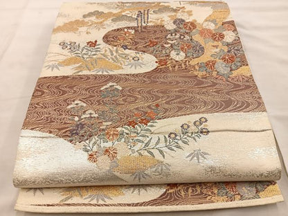 平和屋着物◎六通柄袋帯 流水花文 金銀糸 正絹 逸品 BAAT4541wb