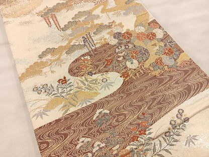 平和屋着物◎六通柄袋帯 流水花文 金銀糸 正絹 逸品 BAAT4541wb