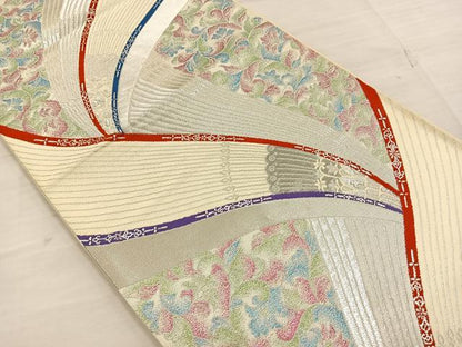 平和屋着物◎六通柄袋帯 唐織 花唐草文 銀糸 正絹 逸品 BAAT4772kg