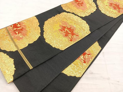 平和屋着物◎六通柄袋帯 狩猟文 黒地 金糸 正絹 逸品 BAAT4778kg