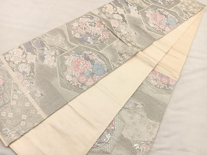 平和屋着物◎六通柄袋帯　唐織　九百錦　プラチナ箔　亀甲花車文　正絹　逸品　BAAT4825hz