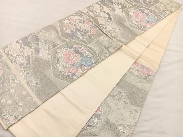 平和屋着物◎六通柄袋帯　唐織　九百錦　プラチナ箔　亀甲花車文　正絹　逸品　BAAT4825hz
