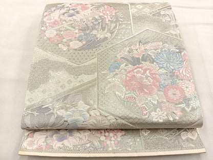 平和屋着物◎六通柄袋帯　唐織　九百錦　プラチナ箔　亀甲花車文　正絹　逸品　BAAT4825hz