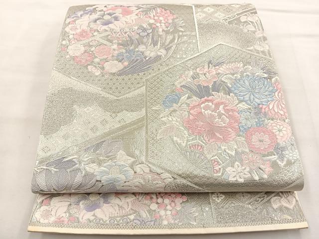 平和屋着物◎六通柄袋帯　唐織　九百錦　プラチナ箔　亀甲花車文　正絹　逸品　BAAT4825hz