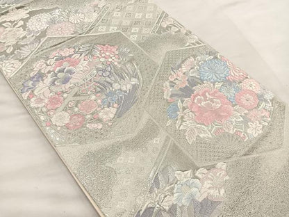 平和屋着物◎六通柄袋帯　唐織　九百錦　プラチナ箔　亀甲花車文　正絹　逸品　BAAT4825hz