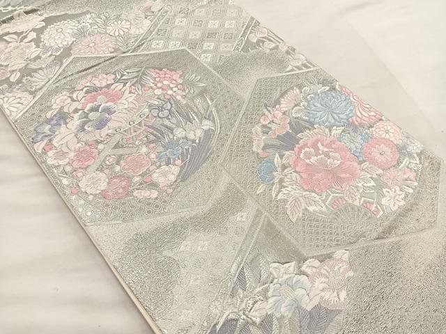 平和屋着物◎六通柄袋帯　唐織　九百錦　プラチナ箔　亀甲花車文　正絹　逸品　BAAT4825hz