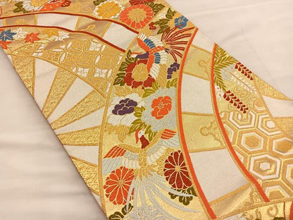 平和屋着物◎六通柄袋帯　唐織　片輪車花鳥文　金銀糸　正絹　逸品　BAAT4828hz