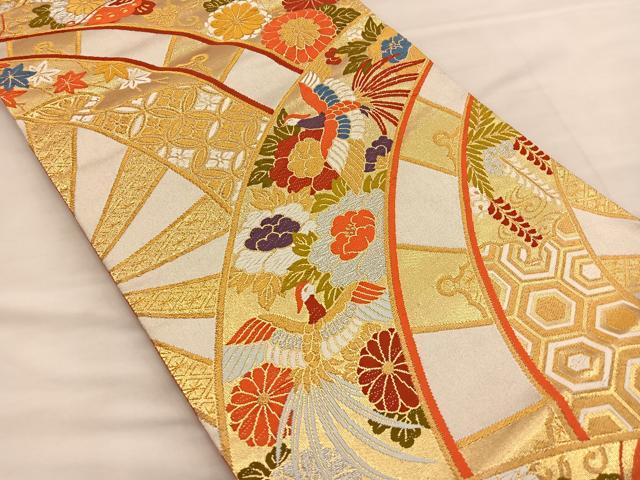 平和屋着物◎六通柄袋帯　唐織　片輪車花鳥文　金銀糸　正絹　逸品　BAAT4828hz