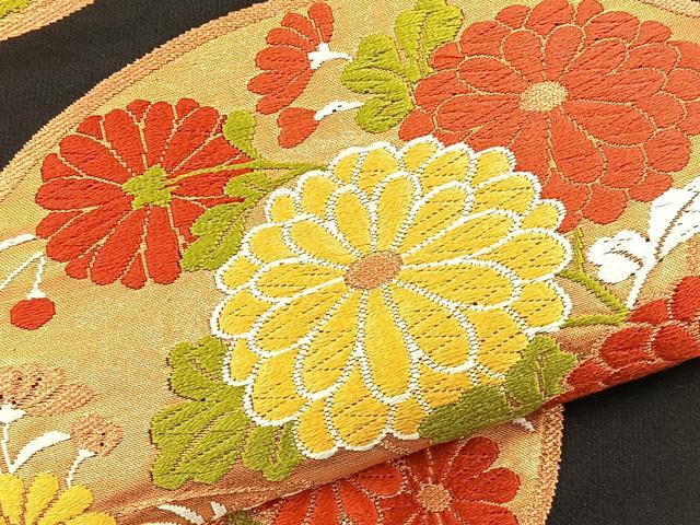 平和屋着物◎六通柄袋帯 唐織 花丸文 黒地 金糸 正絹 逸品 BAAT5007jr