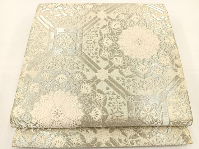 平和屋着物◎六通柄袋帯 唐織 天井花文 銀糸 正絹 逸品 BAAT5008jr