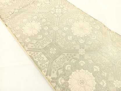 平和屋着物◎六通柄袋帯 唐織 天井花文 銀糸 正絹 逸品 BAAT5008jr