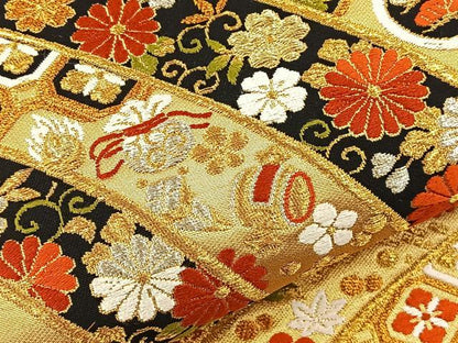 平和屋着物◎六通柄袋帯 唐織 立波吉祥文 黒地 金銀糸 鈴乃屋扱い 正絹 逸品 BAAT5002jr