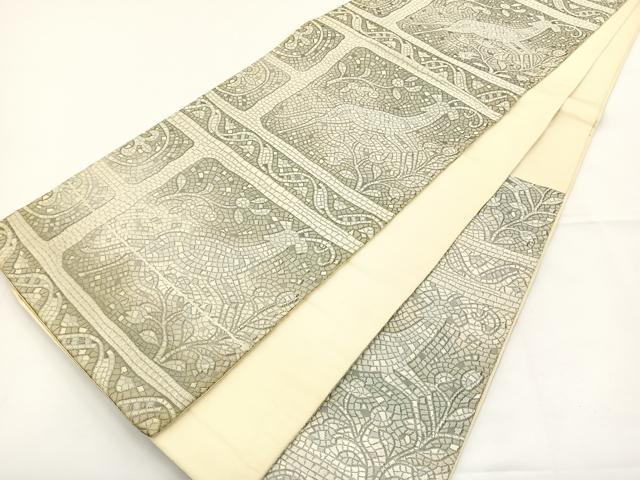 平和屋着物◎六通柄袋帯 石畳動物文 銀糸 正絹 逸品 BAAT5011jr