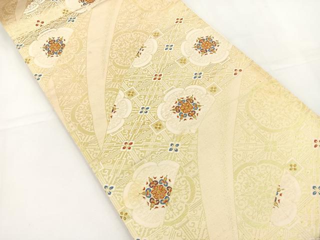 平和屋着物◎六通柄袋帯　唐織　幾何学花文　金糸　正絹　逸品　BAAT5016jr