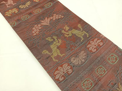 平和屋着物◎六通柄袋帯 ふくれ織り 動物花文 正絹 逸品 BAAT5020jr