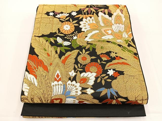 平和屋着物◎六通柄袋帯　唐織　更紗花文　黒地　金糸　正絹　逸品　BAAT5026jr