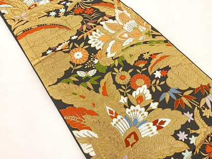 平和屋着物◎六通柄袋帯　唐織　更紗花文　黒地　金糸　正絹　逸品　BAAT5026jr