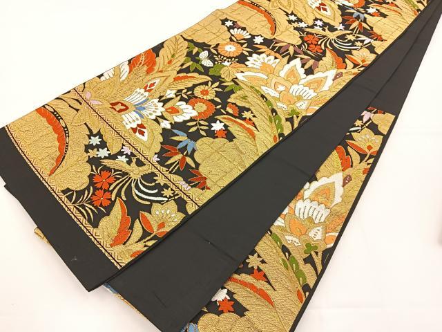 平和屋着物◎六通柄袋帯　唐織　更紗花文　黒地　金糸　正絹　逸品　BAAT5026jr