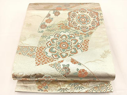 平和屋着物◎六通柄袋帯　唐織　扇面花文　金糸　正絹　逸品　BAAT5028jr
