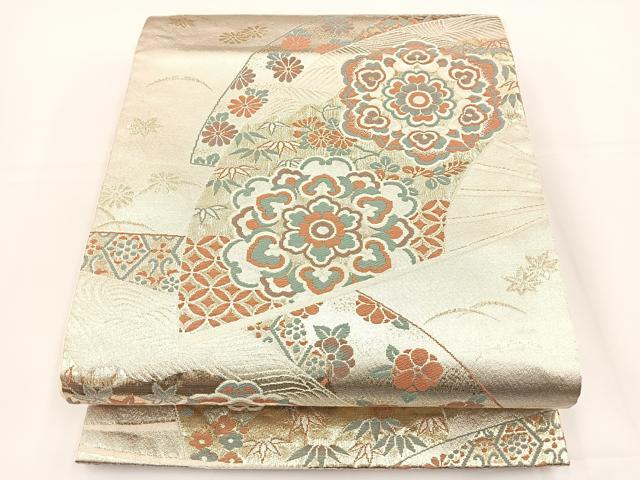 平和屋着物◎六通柄袋帯　唐織　扇面花文　金糸　正絹　逸品　BAAT5028jr
