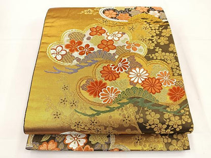 平和屋着物◎六通柄袋帯 唐織 笠松花文 黒地 金銀糸 正絹 逸品 BAAT5034jr