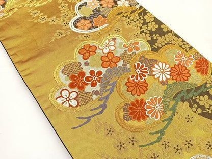 平和屋着物◎六通柄袋帯 唐織 笠松花文 黒地 金銀糸 正絹 逸品 BAAT5034jr