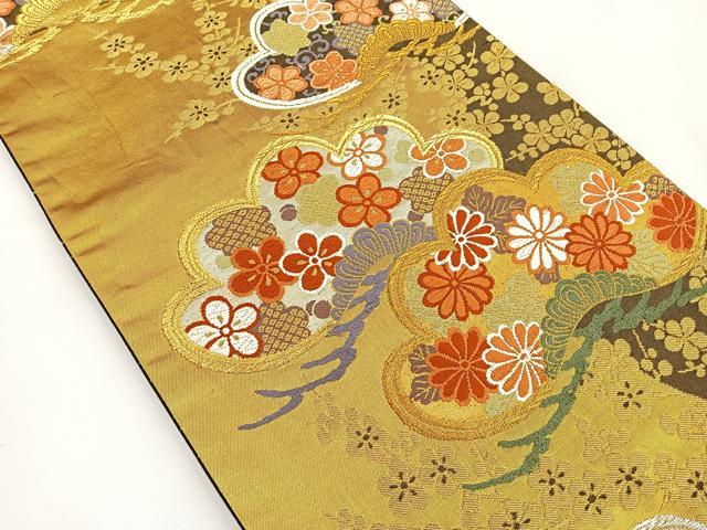 平和屋着物◎六通柄袋帯 唐織 笠松花文 黒地 金銀糸 正絹 逸品 BAAT5034jr