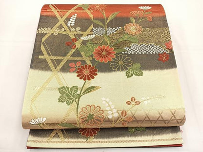 平和屋着物◎六通柄袋帯 唐織 竹垣花文 金糸 正絹 逸品 BAAT5035jr