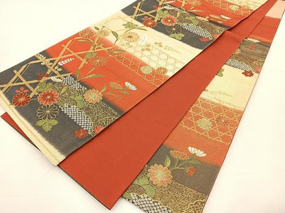 平和屋着物◎六通柄袋帯 唐織 竹垣花文 金糸 正絹 逸品 BAAT5035jr