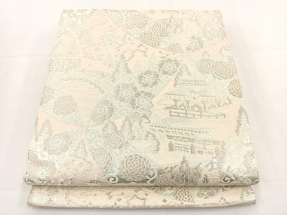 平和屋着物◎六通柄 本袋帯 唐織 七宝風景文 銀糸 正絹 逸品 BAAT5039jr