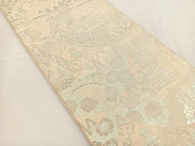 平和屋着物◎六通柄 本袋帯 唐織 七宝風景文 銀糸 正絹 逸品 BAAT5039jr