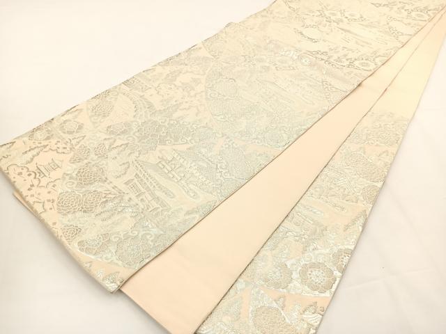 平和屋着物◎六通柄 本袋帯 唐織 七宝風景文 銀糸 正絹 逸品 BAAT5039jr