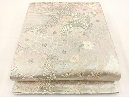 平和屋着物◎六通柄袋帯　唐織　尾長鳥花文　金糸　正絹　逸品　BAAT5082jr