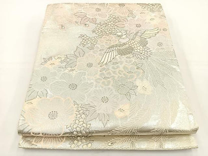 平和屋着物◎六通柄袋帯 唐織 尾長鳥花文 銀糸 正絹 逸品 BAAT5104jr