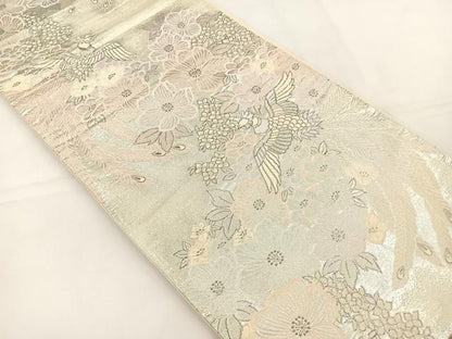 平和屋着物◎六通柄袋帯 唐織 尾長鳥花文 銀糸 正絹 逸品 BAAT5104jr